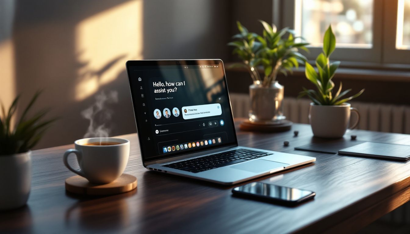 Bureau moderne avec ordinateur portable et plante, symbolisant la technologie au travail - intégration de chatbot IA