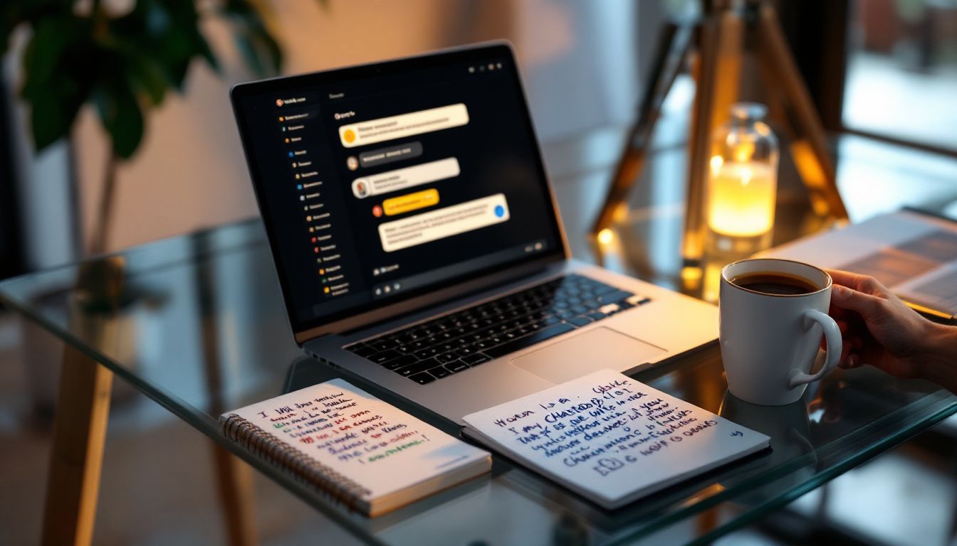 Bureau organisé avec ordinateur et notes pour gestion des chatbots