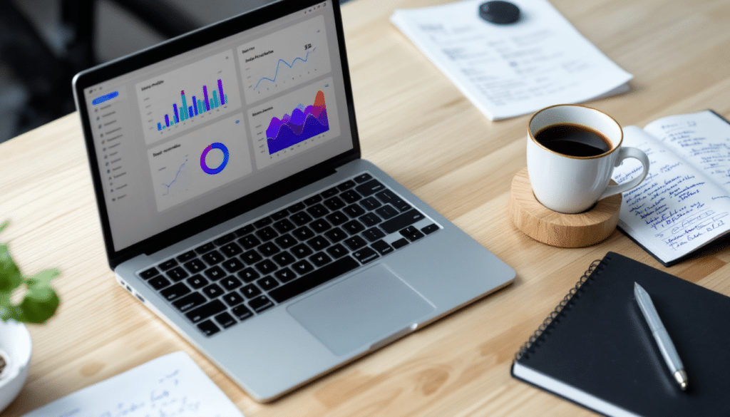 bureau, ordinateur, café, analytics